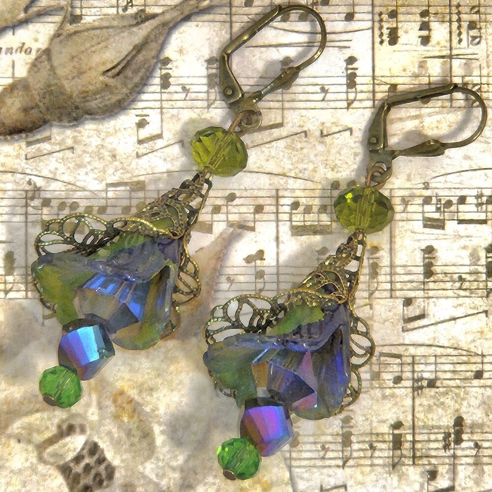 Olive Green Blue Bronze Hand Painted Lucite Flower Earrings, Crystal, Filigree